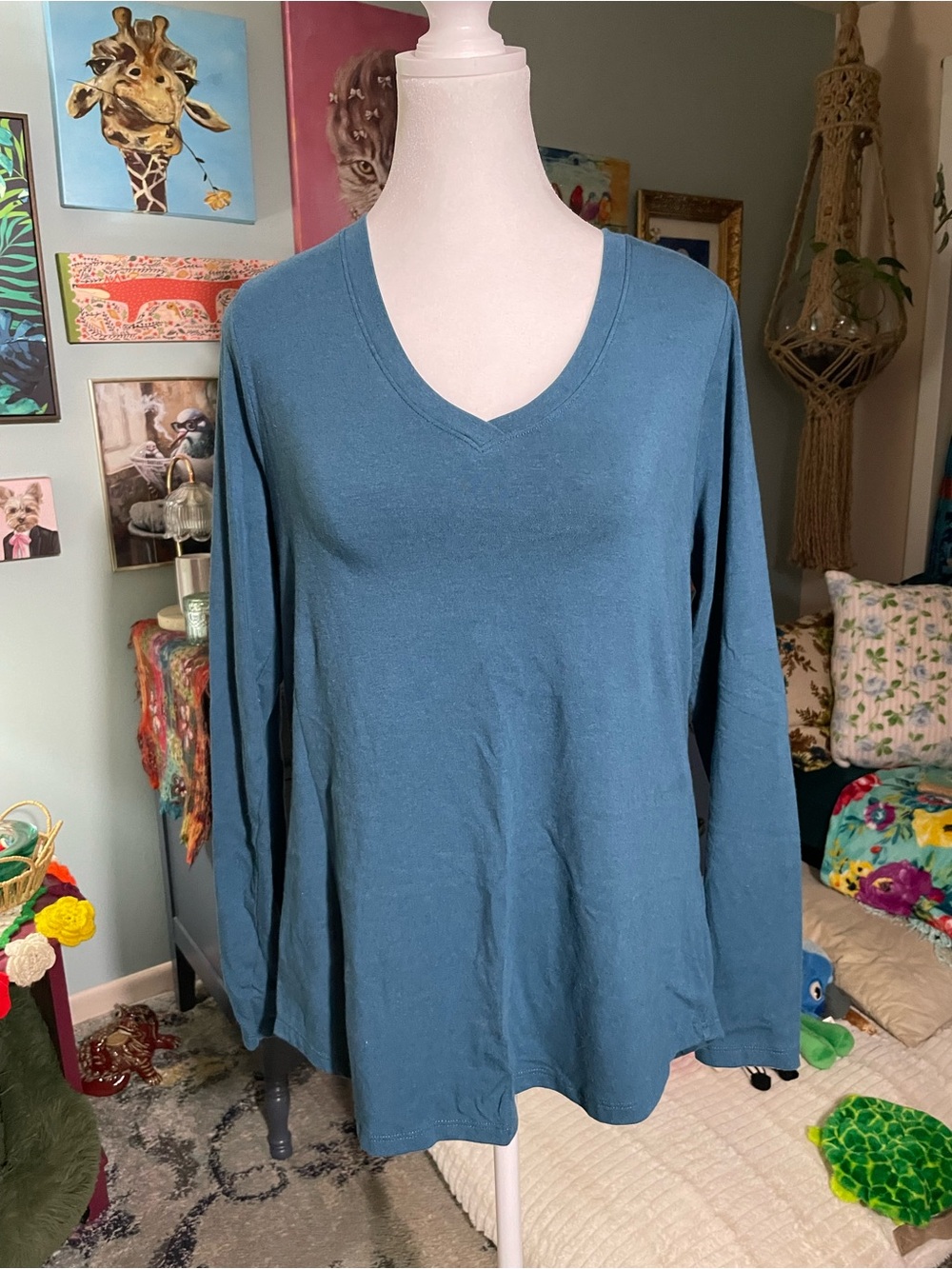 Candace Cameron Bure Teal V-Neck Long Sleeve Top